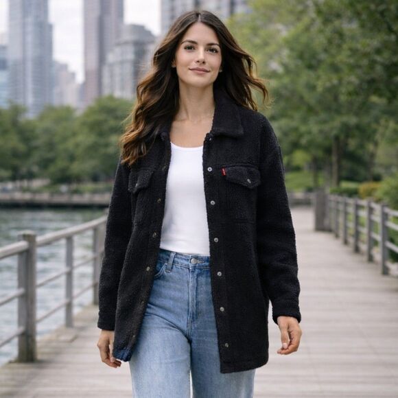 Levi's Jackets & Blazers - Levi’s Black L Sherpa Fleece Jacket Snap Front Faux Fur Lined Oversized Coat